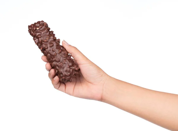 Mão Segurando Chocolate Cereal Bar Isolado Fundo Branco — Fotografia de Stock