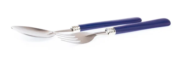 蓝色叉子和勺子 白色背景隔离 — 图库照片