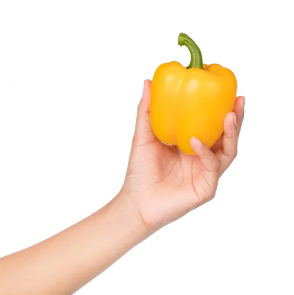 Mano Sosteniendo Pimiento Amarillo Aislado Sobre Fondo Blanco — Foto de Stock