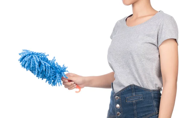 Schoonheid Huisvrouw Nemen Veer Stofdoek Geïsoleerd Witte Achtergrond — Stockfoto