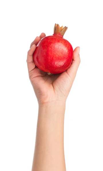 Hand Hält Granatapfel Isoliert Auf Weißem Hintergrund — Stockfoto