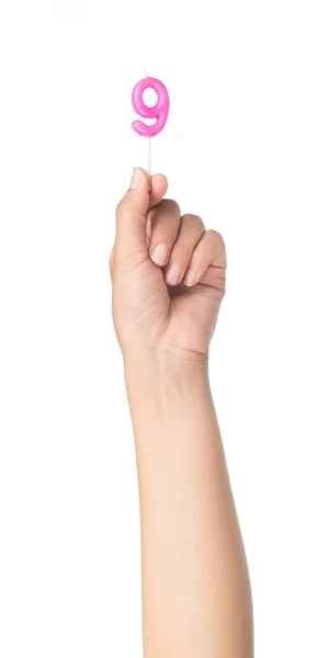 Χέρι Κρατώντας Κερί Αριθμό Εννέα Γενέθλια Απομονώνονται Λευκό Φόντο — Φωτογραφία Αρχείου