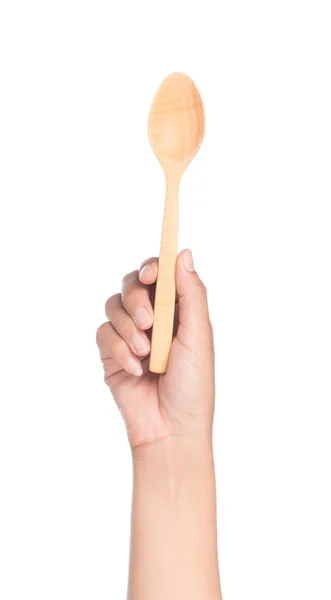 手握木制勺子 白色背景隔离 — 图库照片