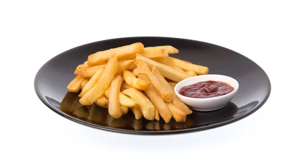 Patat Aardappelen Met Ketchup Een Schotel Geïsoleerd Witte Achtergrond — Stockfoto