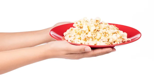 Hand Innehav Platta Popcorn Isolerad Vit Bakgrund — Stockfoto