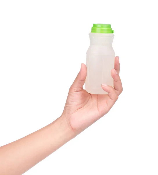 Hand Hålla Kokosjuice Plastflaska Isolerad Vit Bakgrund — Stockfoto