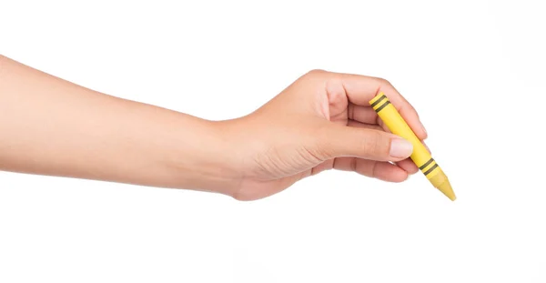 Mano Sosteniendo Lápiz Amarillo Aislado Sobre Fondo Blanco —  Fotos de Stock