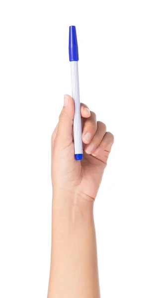 Hand Hålla Blue Magic Pen Isolerad Vit Bakgrund — Stockfoto