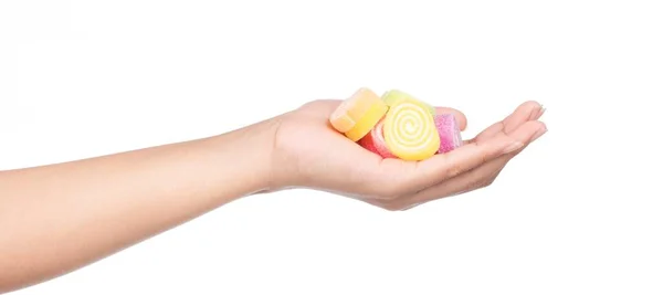 Hand Holding Colorful Candy Jellys Sweet Isolated White Background — Stock Photo, Image