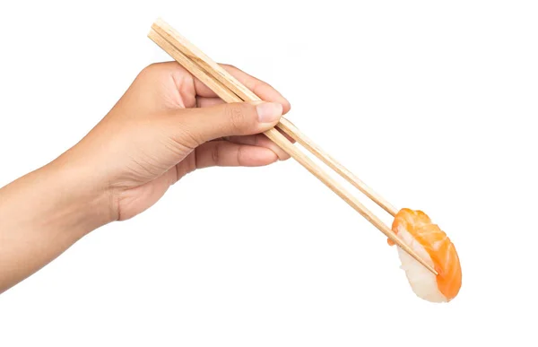 Ruční Držení Lososa Sushi Hůlkami Izolované Bílém Pozadí — Stock fotografie