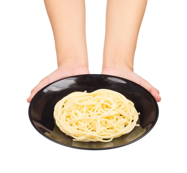 Рука Тримає Макарони Спагетті Тарілці Ізольовані Білому Тлі — стокове фото