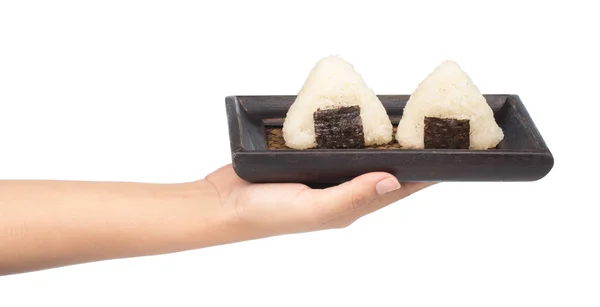 Onigiri Mit Getrockneten Algen Nori Auf Bambus Tablett Isoliert Auf — Stockfoto