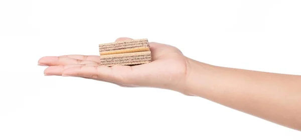 Hand Houden Chocolade Wafels Geïsoleerd Witte Achtergrond — Stockfoto