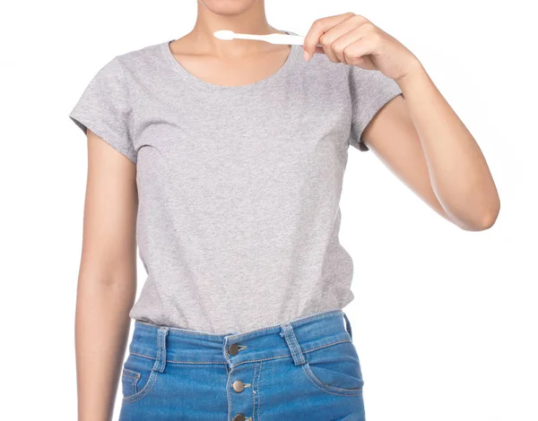 Mulher Vestindo Camiseta Cinza Branco Jeans Usar Escova Dentes Isolada — Fotografia de Stock