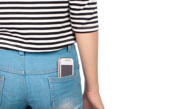 Smartphone Móvel Bolso Traseiro Jeans Isolado Fundo Branco — Fotografia de Stock