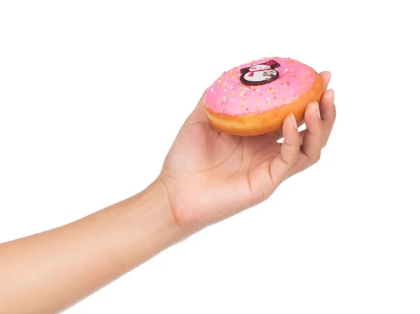 Hand Houden Donut Sneeuwman Patroon Geïsoleerd Witte Achtergrond — Stockfoto