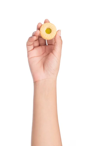 Mão Segurando Biscoito Com Kiwi Geléia Isolado Fundo Branco — Fotografia de Stock
