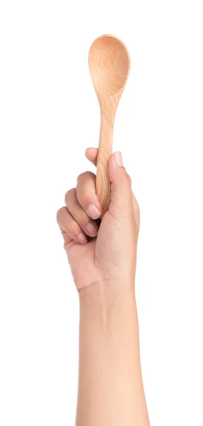 手握木制勺子 白色背景隔离 — 图库照片