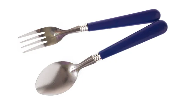 蓝色叉子和勺子 白色背景隔离 — 图库照片