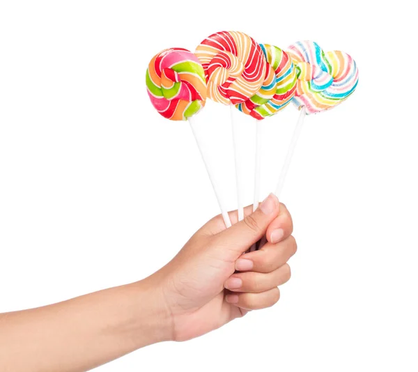 Hand Houden Kleurrijke Spiraal Lolly Geïsoleerd Witte Achtergrond — Stockfoto