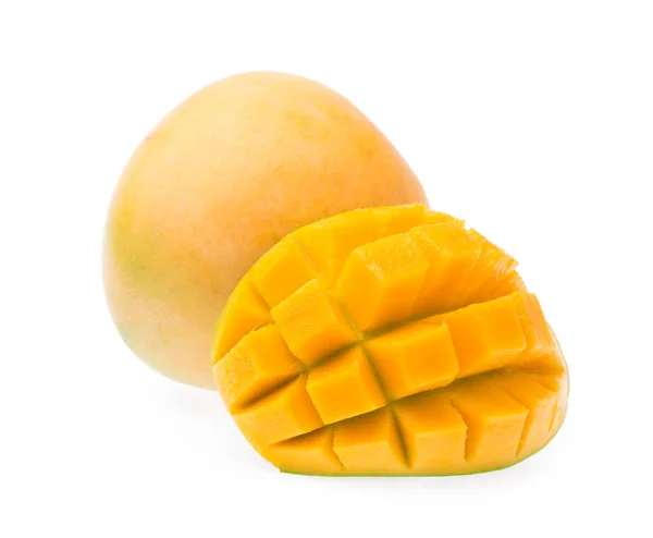 Pyszne Dojrzałe Owoce Mango Plasterkami Mango Izolowane Białym Tle — Zdjęcie stockowe