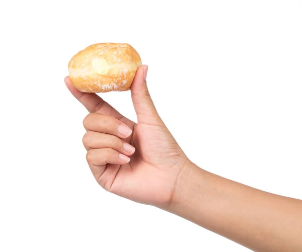 Hand Houden Crème Vullen Donuts Geïsoleerd Witte Achtergrond — Stockfoto