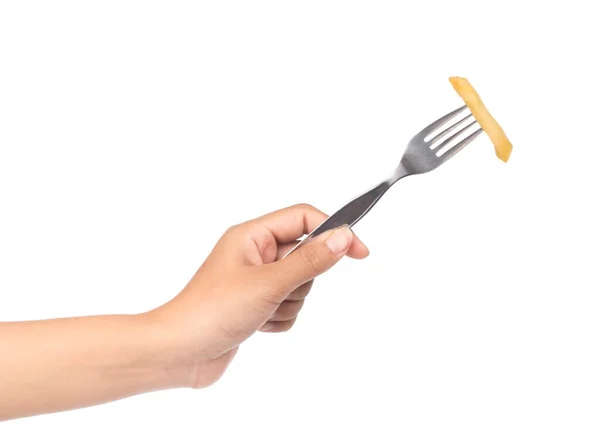 Hand Hält Pommes Kartoffeln Mit Gabel Isoliert Auf Weißem Hintergrund — Stockfoto