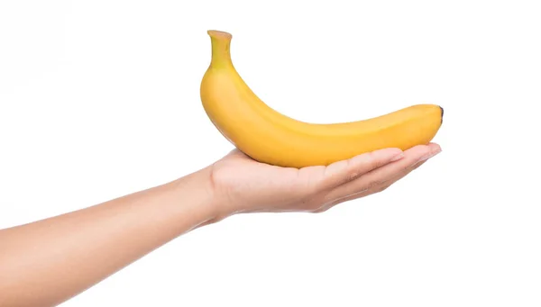 Hand Som Håller Banan Isolerad Vit Bakgrund — Stockfoto