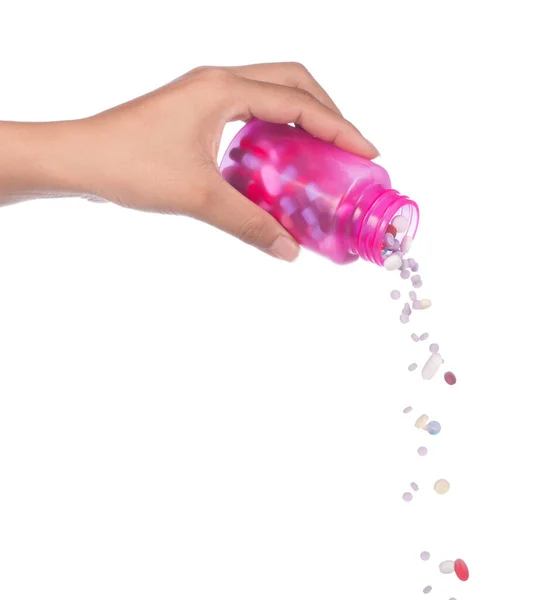 Таблетки Вытекающие Пластиковой Бутылки Руке Изолированы Белом Фоне — стоковое фото