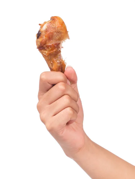 Hand Hält Gebratene Hühnerkeulen Isoliert Auf Weißem Hintergrund — Stockfoto