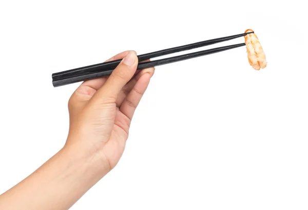 拿着一只在白色背景上隔离的大虾的筷子 — 图库照片