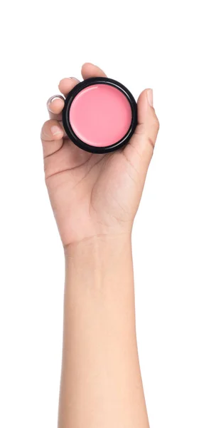 Tangan Memegang Cosmetic Pink Blush Diisolasi Pada Latar Belakang Putih — Stok Foto