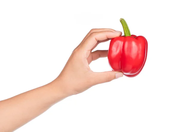 Mano Sosteniendo Pimiento Rojo Aislado Sobre Fondo Blanco — Foto de Stock