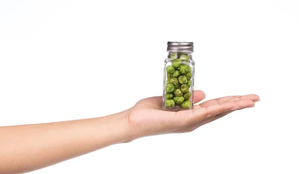 Hand Holding Bottle Green Beans Snacks Isolated White Background — Stok Foto