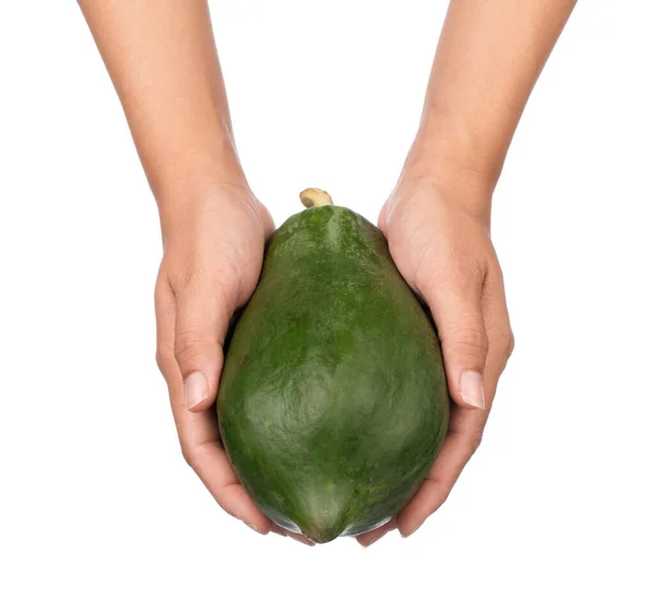 Hand Hält Frische Papaya Isoliert Auf Weißem Hintergrund — Stockfoto