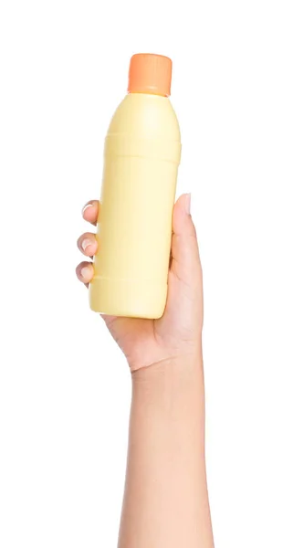 Hand Houden Plastic Fles Geïsoleerd Witte Achtergrond — Stockfoto