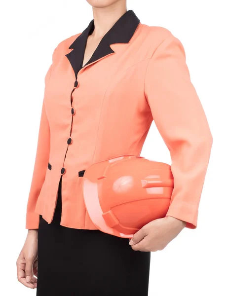 Femme Ingénieur Civil Chemise Orange Tenant Casque Sécurité Construction Isolé — Photo