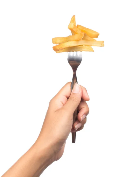 Hand Hålla Franska Pommes Frites Potatis Med Gaffel Isolerad Vit — Stockfoto