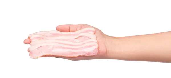Mão Segurando Bacon Cru Isolado Fundo Branco — Fotografia de Stock