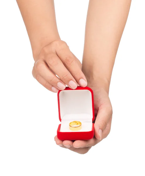 Hand Holding Red Box Gold Ring Isolated White Background — Stock Photo, Image