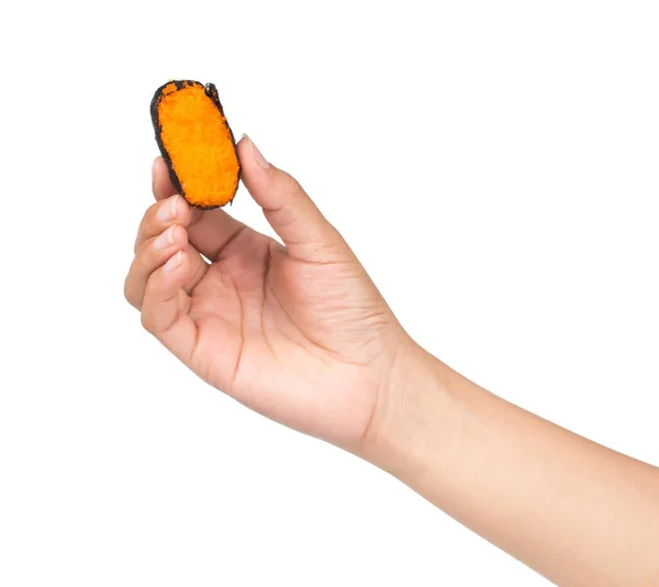 Hand Innehav Roll Sushi Isolerad Vit Bakgrund — Stockfoto