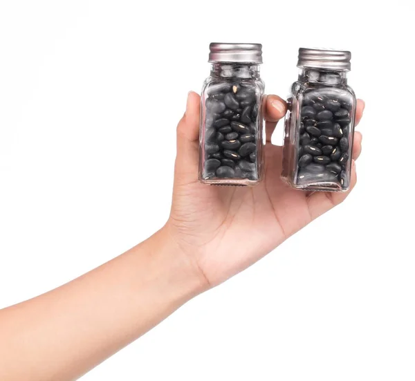 Botella Mano Frijoles Negros Aislados Sobre Fondo Blanco — Foto de Stock