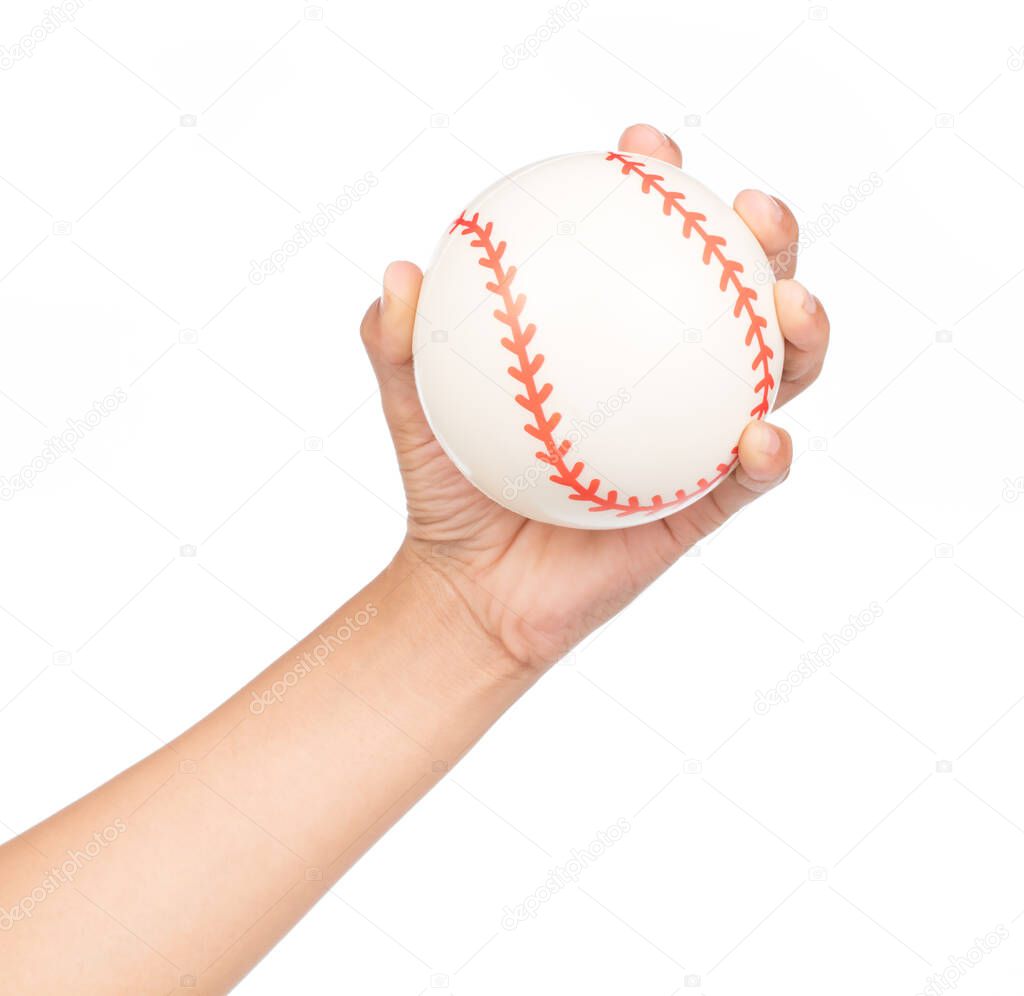 hand holding white baseball isolated on white background