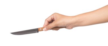 Beyaz sırtüstü izole edilmiş ahşaptan yapılmış bir sapı olan el bıçağı.