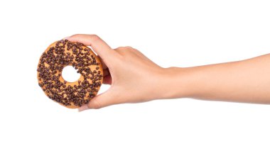 Beyaz arka planda çikolata izole edilmiş lezzetli donut..