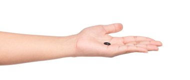 El ele tutuşan siyah fasulye beyaz arka planda izole edilmiş.