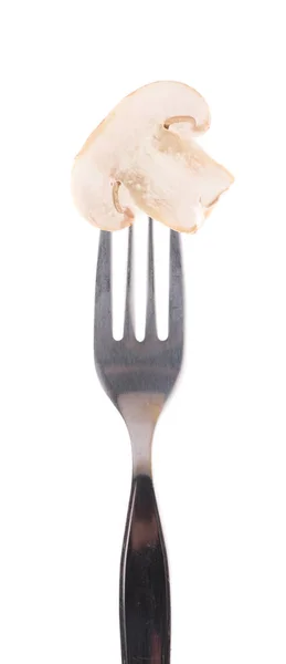 Cogumelo Champignon Com Garfo Isolado Sobre Fundo Branco — Fotografia de Stock