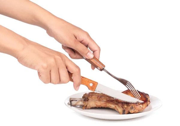 Person Händer Skära Läckra Bbq Revben Med Gaffel Och Kniv — Stockfoto