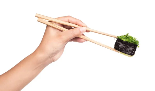 Hand Holding Sushi Chopsticks Isolated White Background — Stock Photo, Image