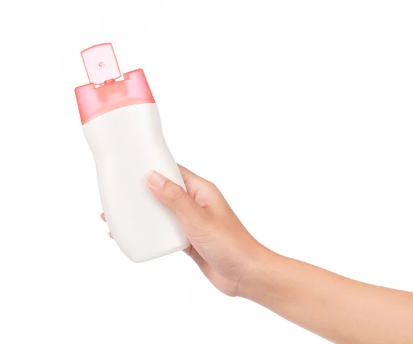 Hand Houden Fles Lotion Geïsoleerd Witte Achtergrond — Stockfoto